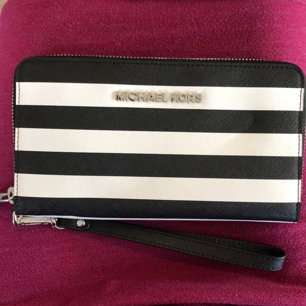 Michael Kors Black and White Striped Wristlet Wallet